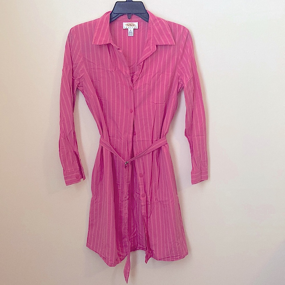 Button up long sleeve Talbots dress. Pink/orange striped. Professional/casual